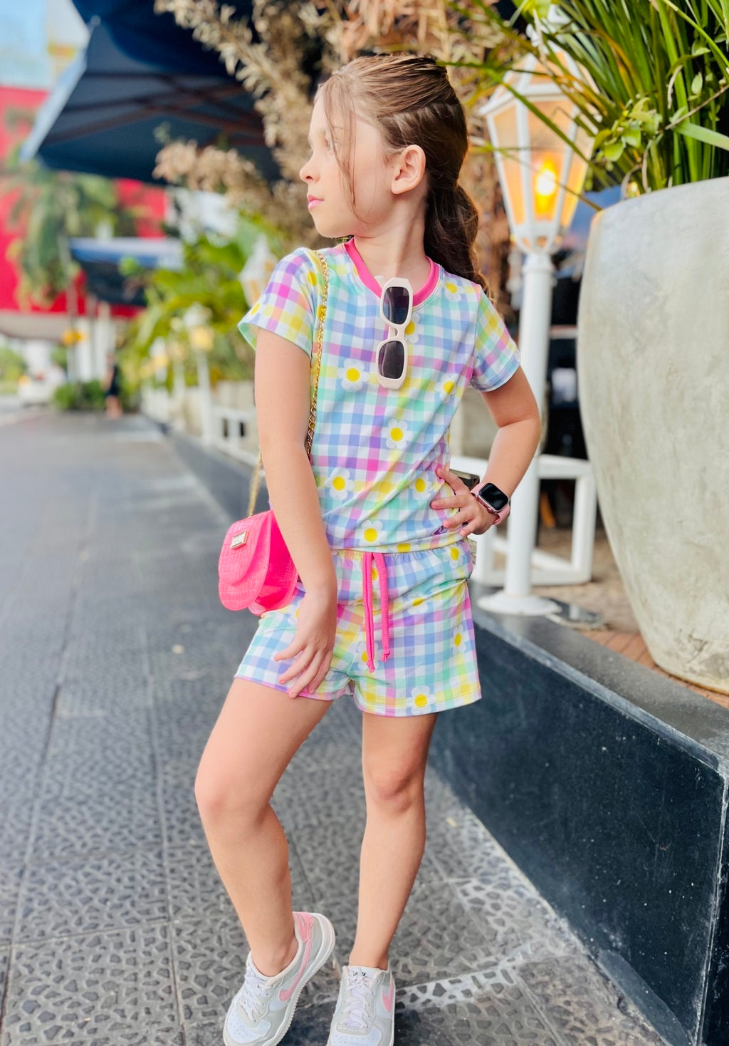 Conjunto Infantil Estampa Xadrez Margaridinhas | Lá Colorê