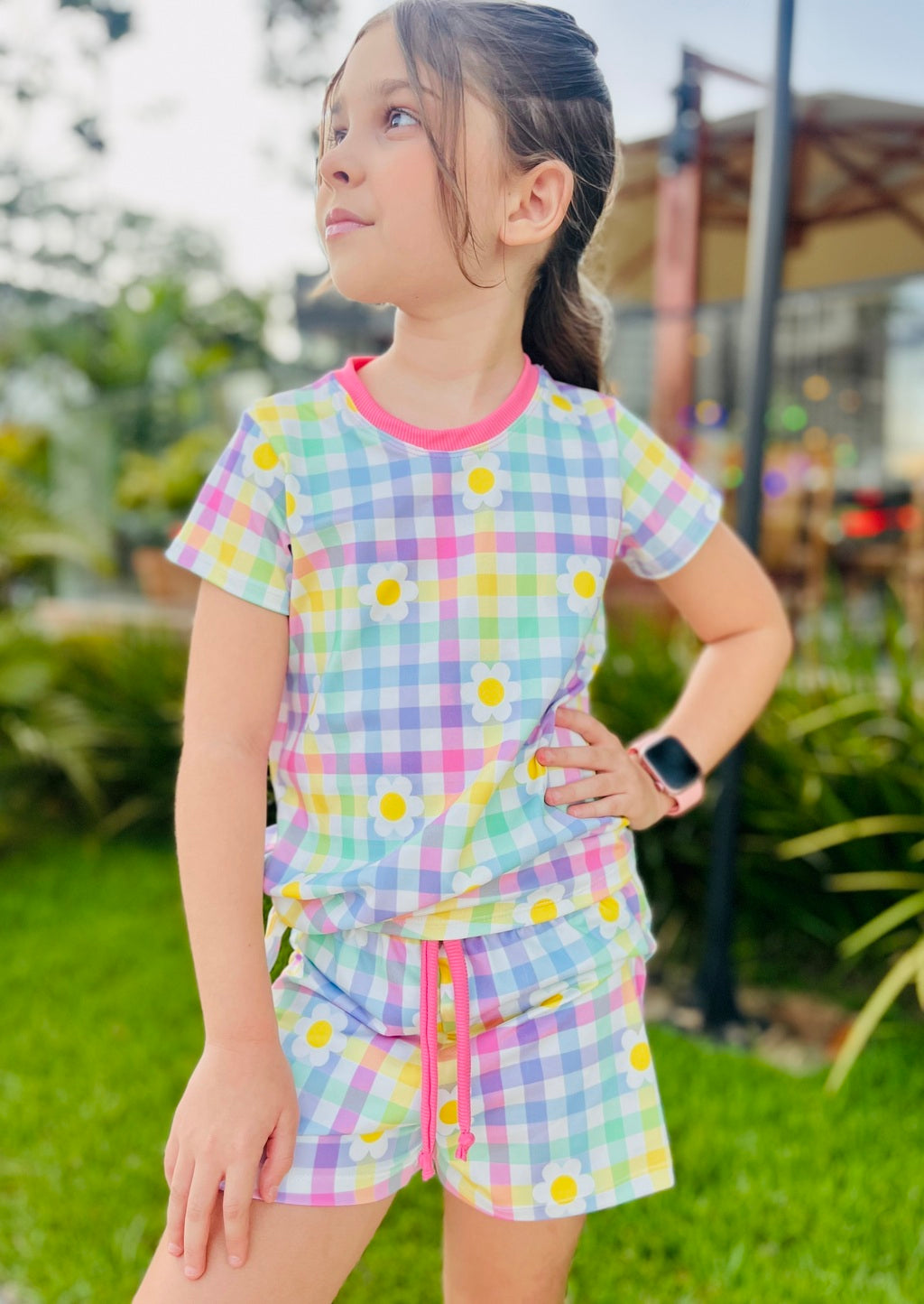 Conjunto Infantil Estampa Xadrez Margaridinhas | Lá Colorê