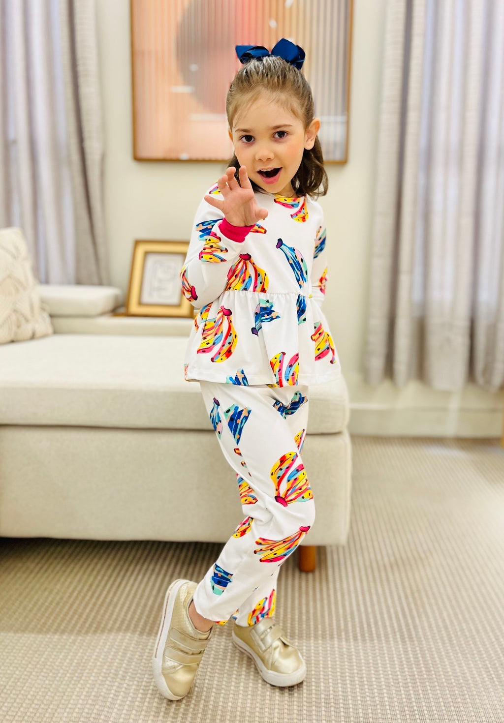 Conjunto Infantil Feminino Branco Banana Manga Longa | Lá Colorê