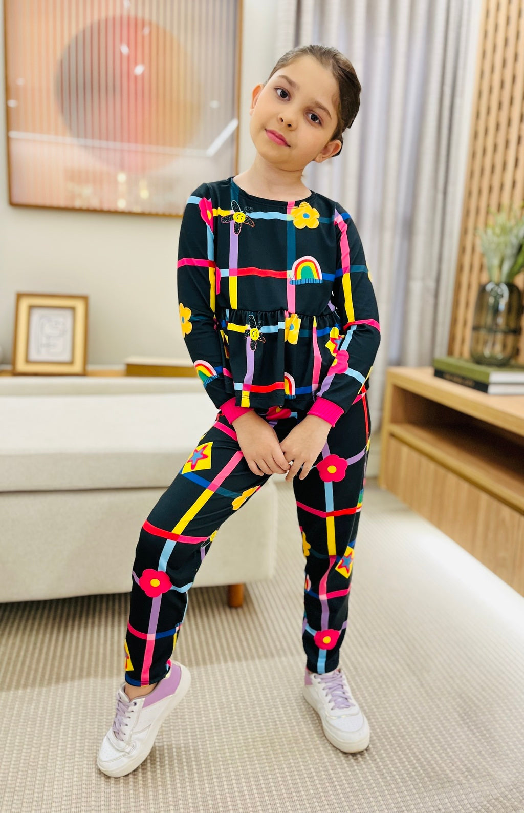 Conjunto Infantil Feminino Quadriculado Preto Manga Longa | Lá Colorê