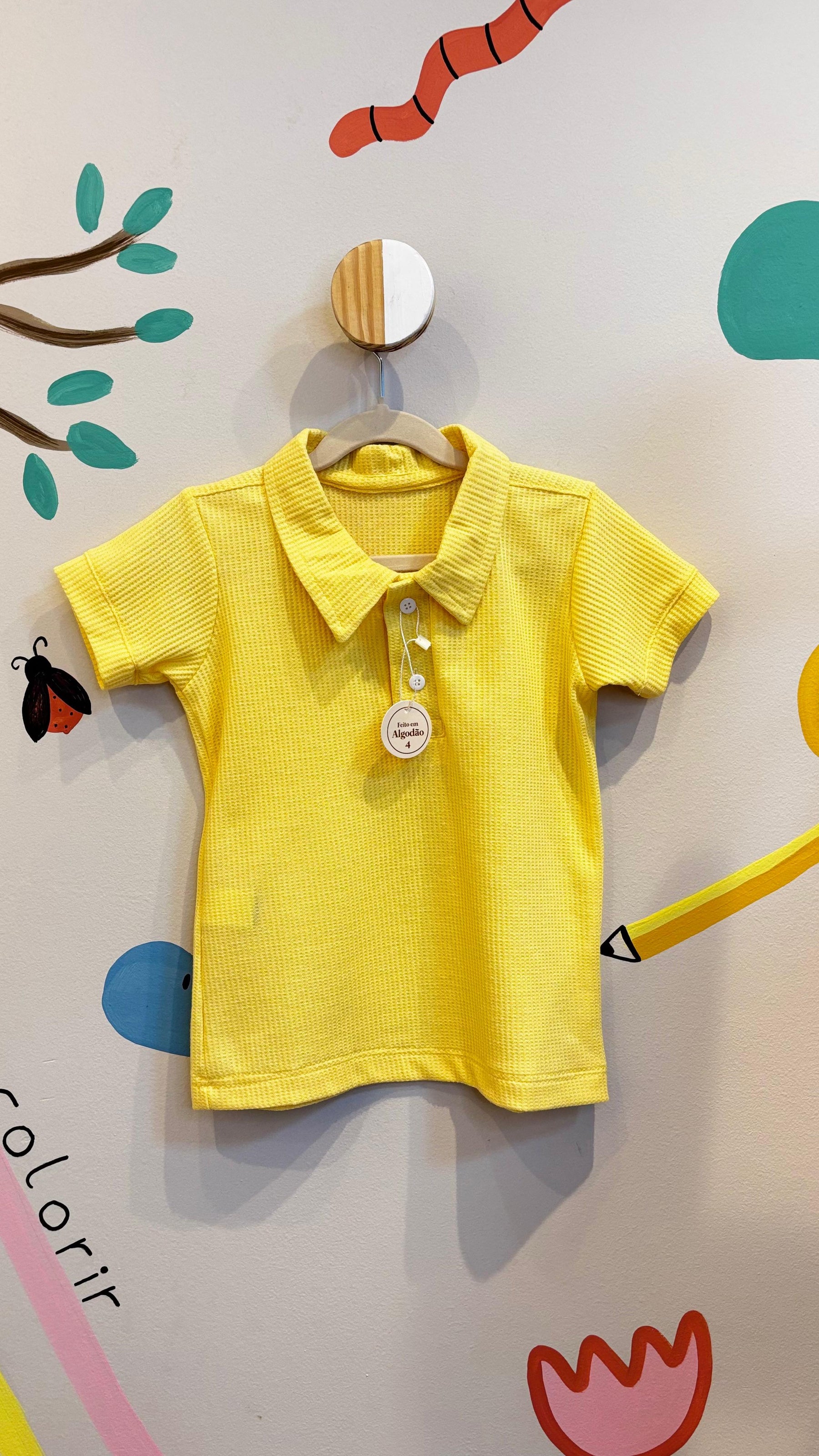Camisa Infantil Gola Polo Amarelo Bebê em Tricô - 100% Algodão | Lá Colorê