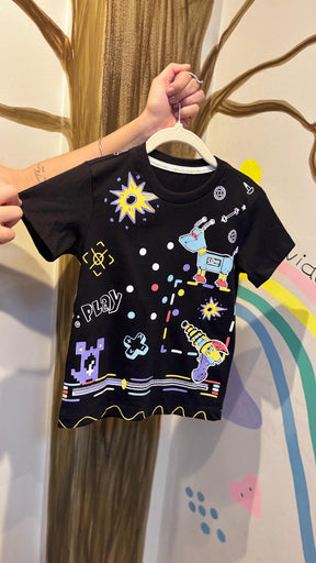 T-Shirt Infantil Preta com Estampa de Cachorro Robô - 100% Algodão