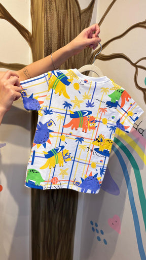 T-Shirt Infantil Multicolorida com Estampa de Rinocerontes - 100% Algodão| Lá Colorê