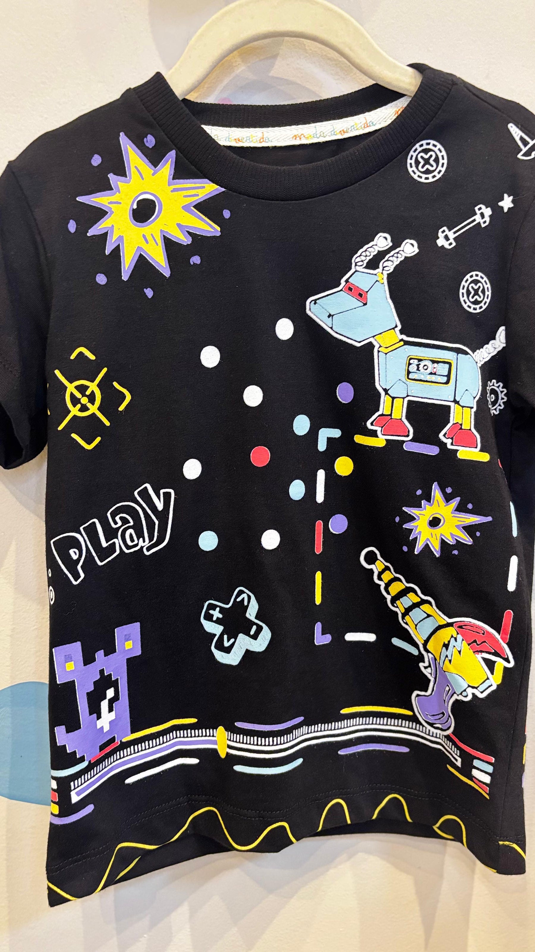 T-Shirt Infantil Preta com Estampa de Cachorro Robô - 100% Algodão