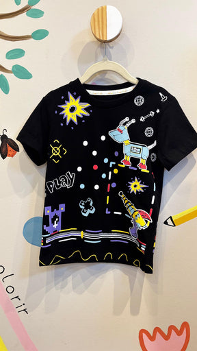 T-Shirt Infantil Preta com Estampa de Cachorro Robô - 100% Algodão
