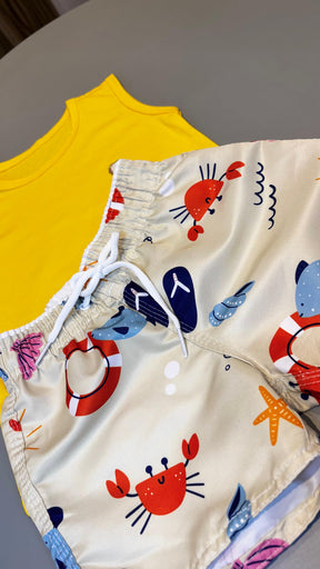 Conjunto Infantil Regata Amarela e Short Tactel na Estampa Praia