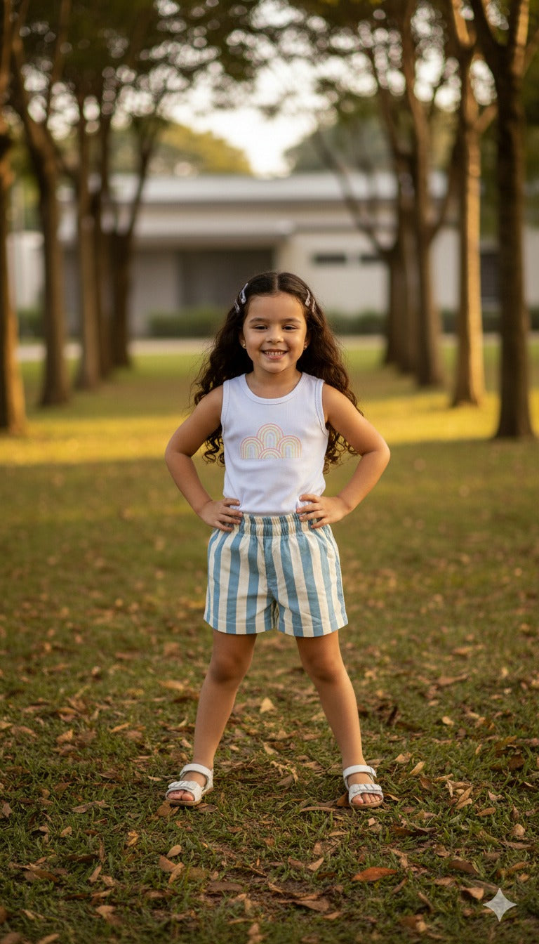 Conjunto Infantil Regata Canelada Estampa Gotas de Arco-Íris | Lá Colorê