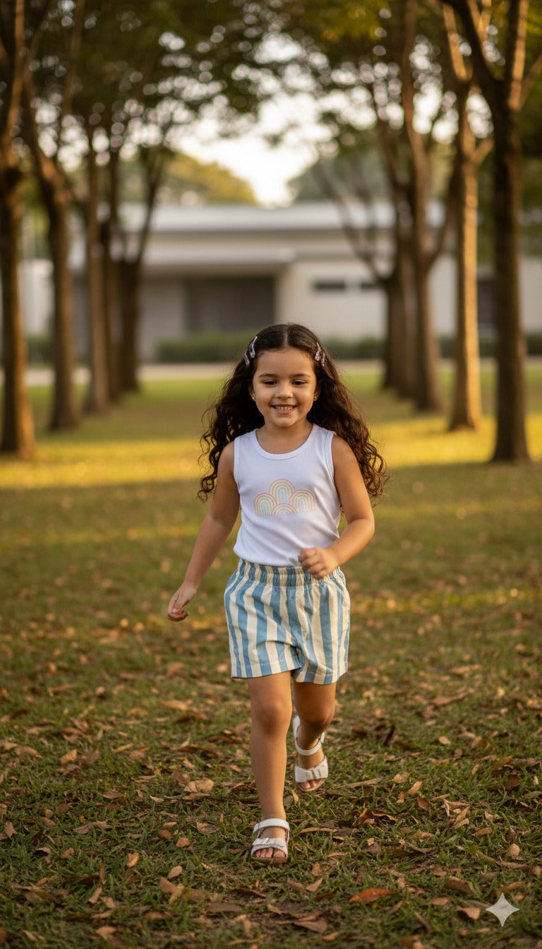 Conjunto Infantil Regata Canelada Estampa Gotas de Arco-Íris | Lá Colorê