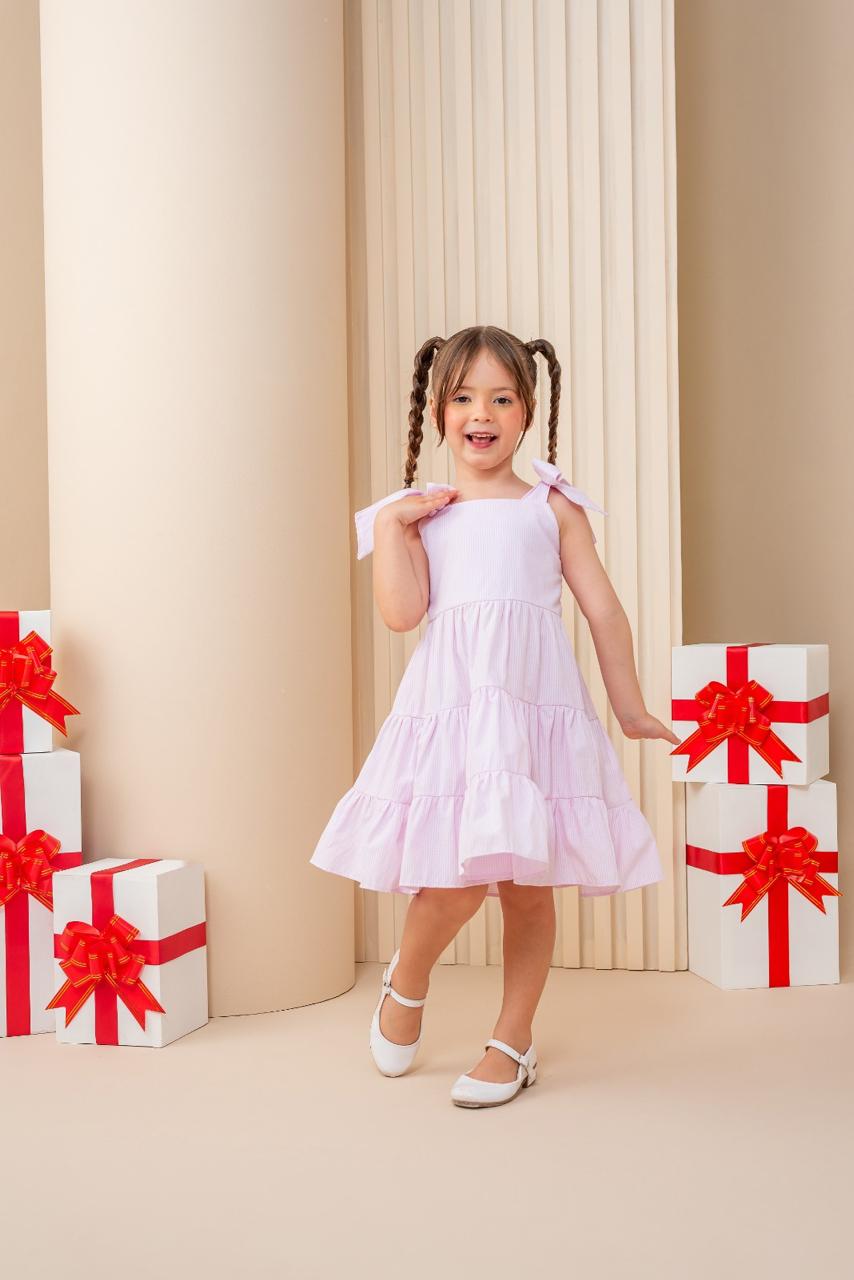 Vestido Infantil Alice Estampa Listras Rosa | Lá Colorê