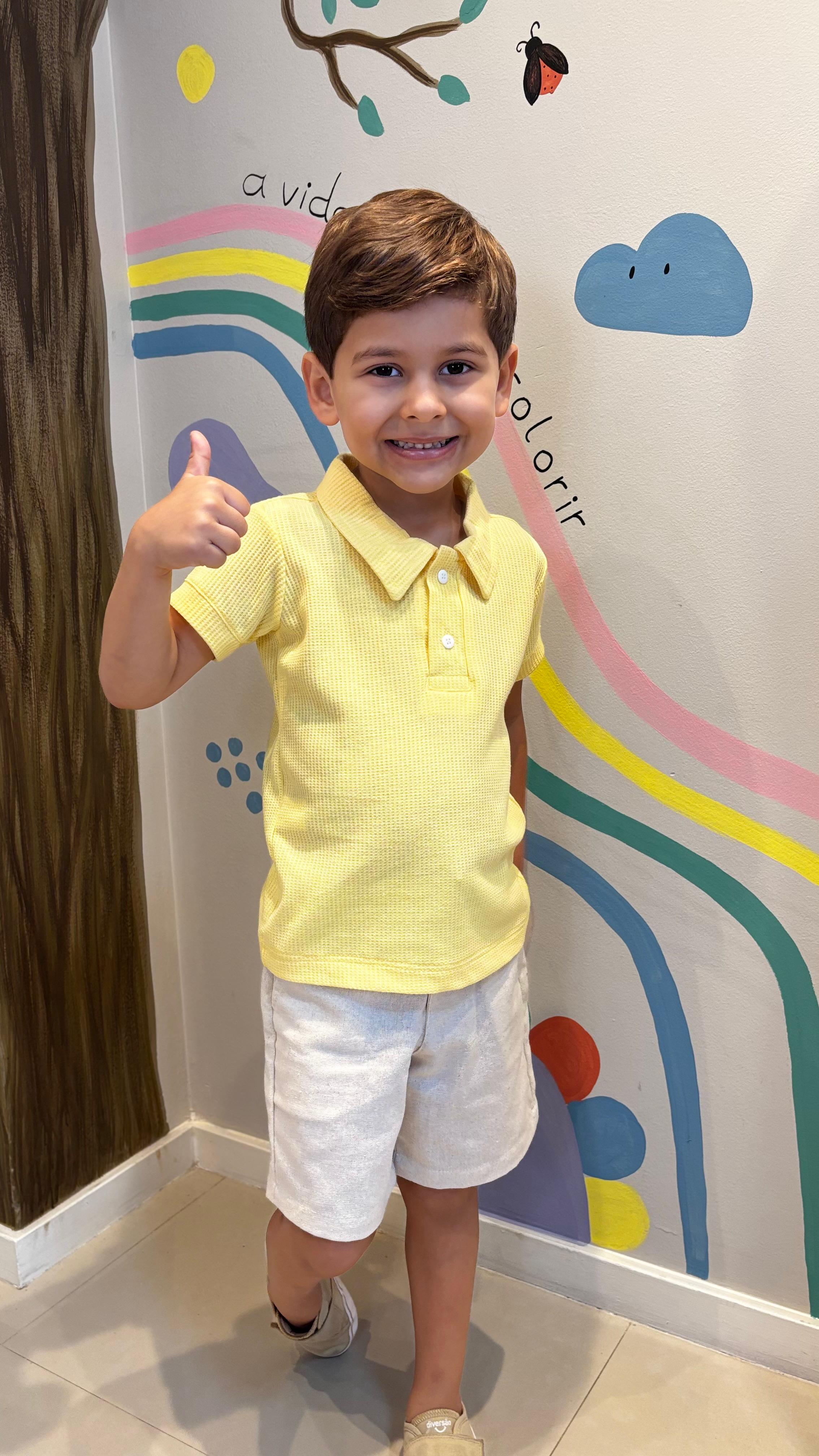 Camisa Infantil Gola Polo Amarelo Bebê em Tricô - 100% Algodão | Lá Colorê