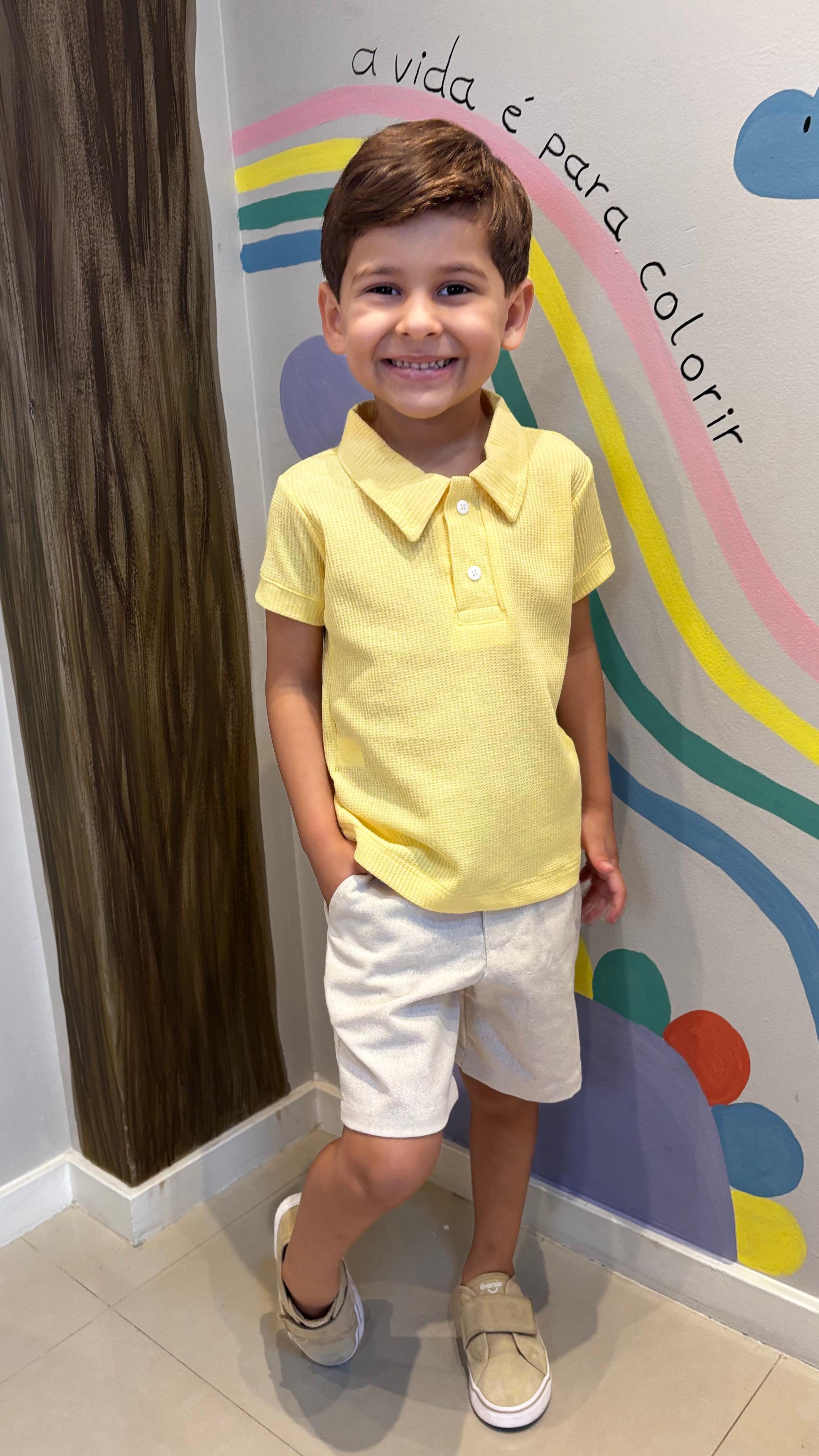 Camisa Infantil Gola Polo Amarelo Bebê em Tricô - 100% Algodão | Lá Colorê