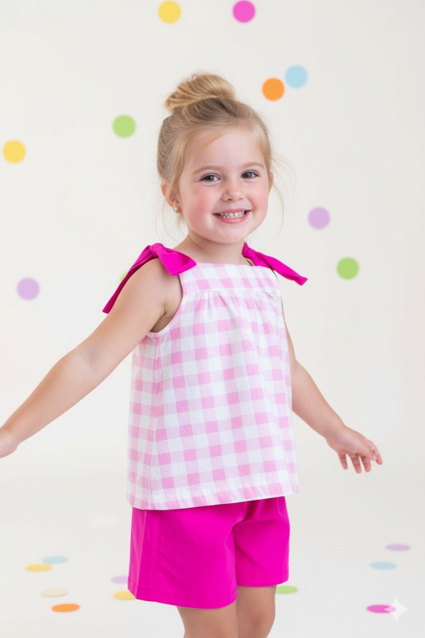 Conjunto Infantil Xadrez Vichy Rosa Pink em Tricoline | Lá Colorê