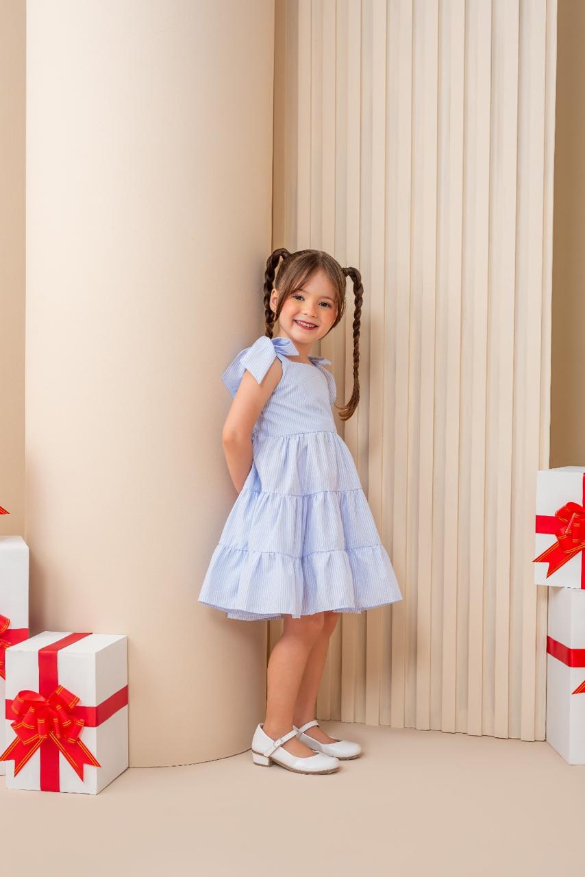 Vestido Infantil Alice Estampa Listras Azul | Lá Colorê