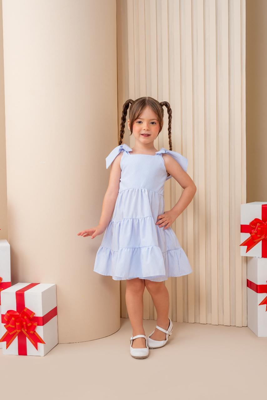 Vestido Infantil Alice Estampa Listras Azul | Lá Colorê